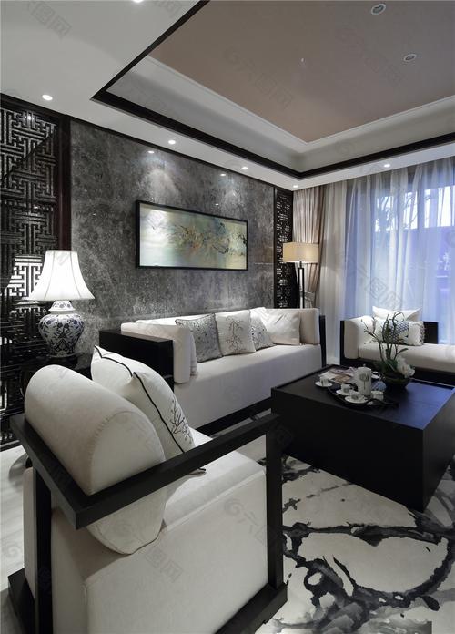 现代时尚客厅白色长沙发室内装修效果图装饰装修素材免费下载(图片