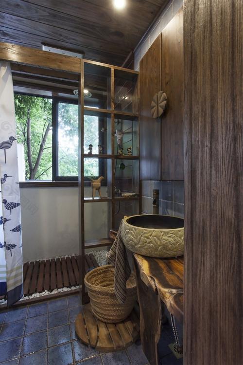 日式质感浴室木制背景墙室内装修效果图装饰装修素材免费下载(图片